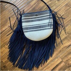 Tory Burch Blue and White Crossbody Bag with Fringe